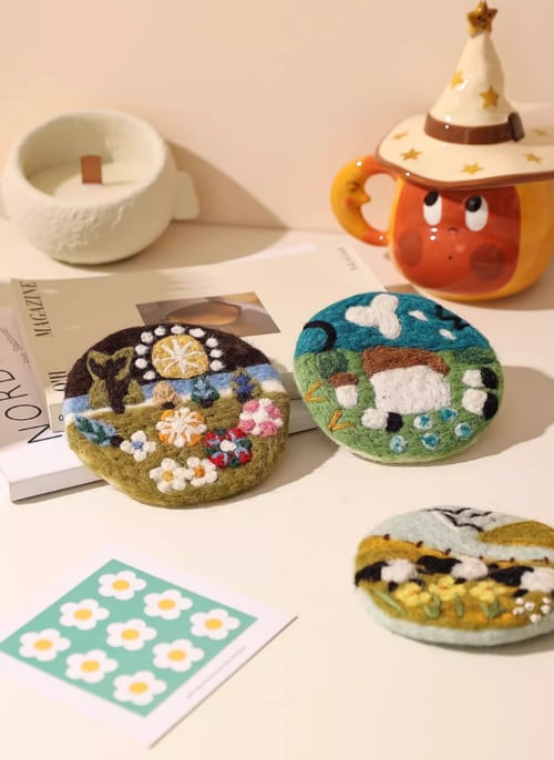 Handmade Wool Felt Coasters – Set of 5 Cute Cartoon Soft, Durable & Naturally Heat-Resistant