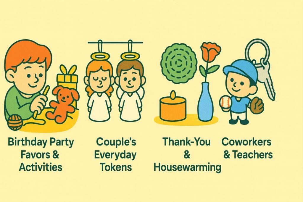 Cartoon-style illustration showing different knitted gift ideas: a child with a teddy bear for birthday party favors, a couple with small tokens, a thank-you and housewarming scene with candle and flower, and a coworker or teacher with a keychain.