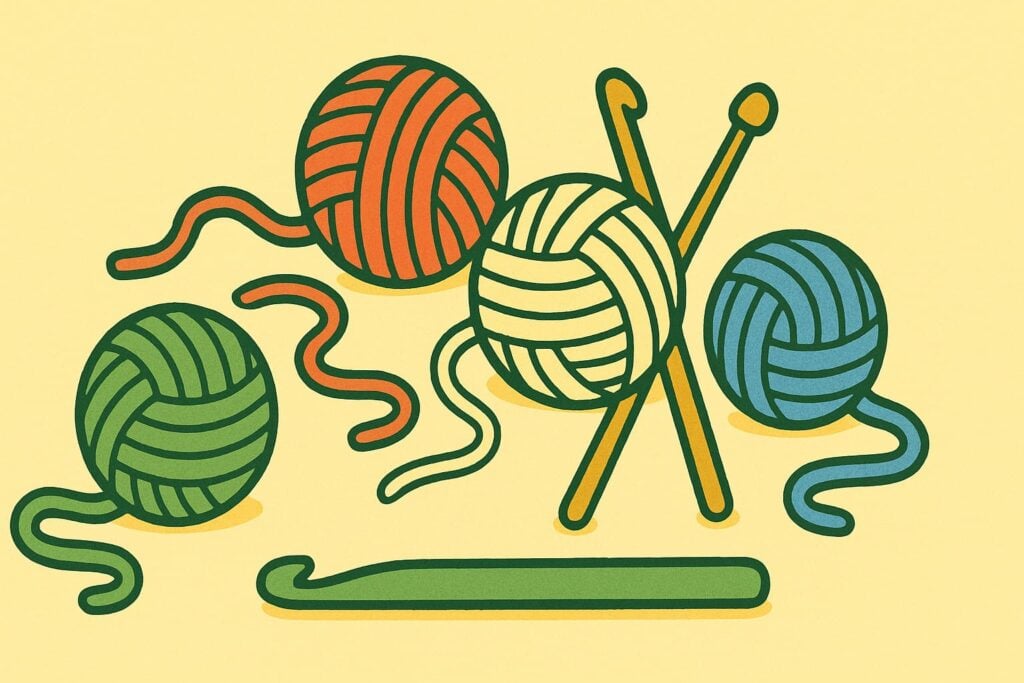 Cartoon-style illustration showing different yarn types aging gracefully: mercerized cotton yarn ball with sheen, wool-acrylic blended skein symbolizing warmth and durability, and acrylic yarn cone representing washability. Soft yellow background, 2:1 aspect ratio, with even padding and safe margins all around.