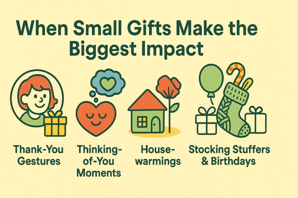 Cartoon illustration showing small knitted gifts making a big impact: a child hugging a toy, a friend comforted with a handmade keychain, a colleague receiving a knitted coffee sleeve, and an elderly neighbor accepting a knitted flower.