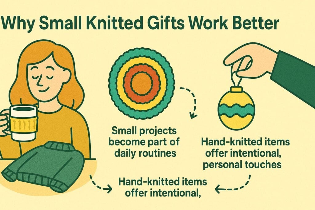 Cartoon illustration comparing large unused sweater in a closet with small knitted gifts in daily use, highlighting why small knitted gifts work better than grand gestures