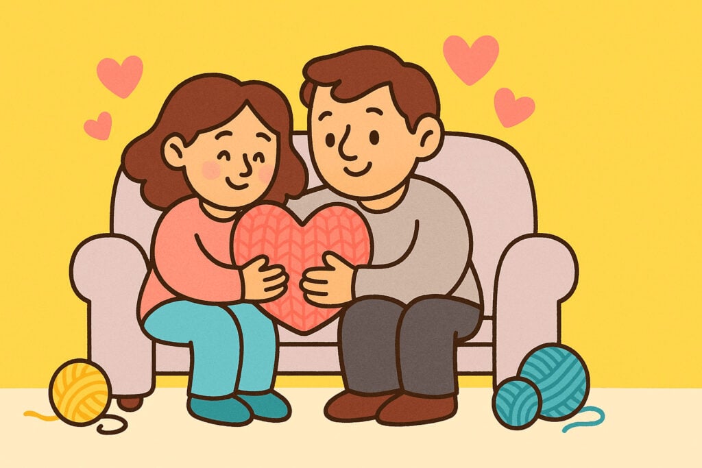 Cartoon illustration of a crochet heart pillow anniversary gift, cozy couple scene.