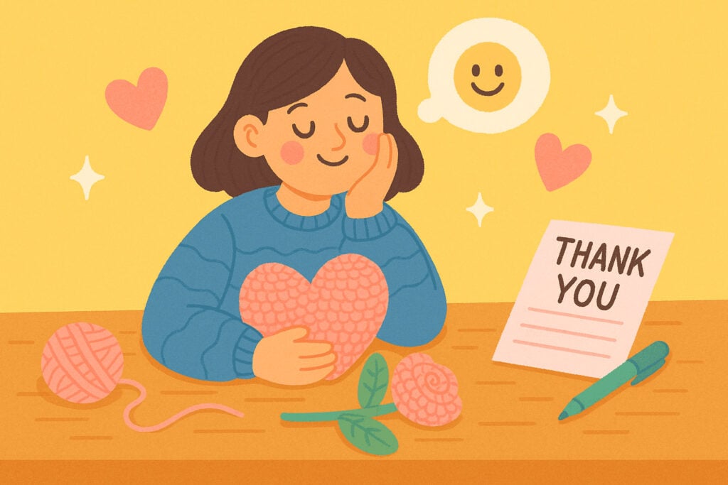 Cartoon illustration of the lasting value of handmade crochet gifts in a cozy home setting.