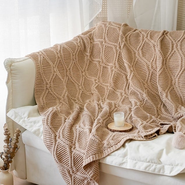 Knitted Throw Blanket with Pom-Pom Corners Brown Knitted Blanket
