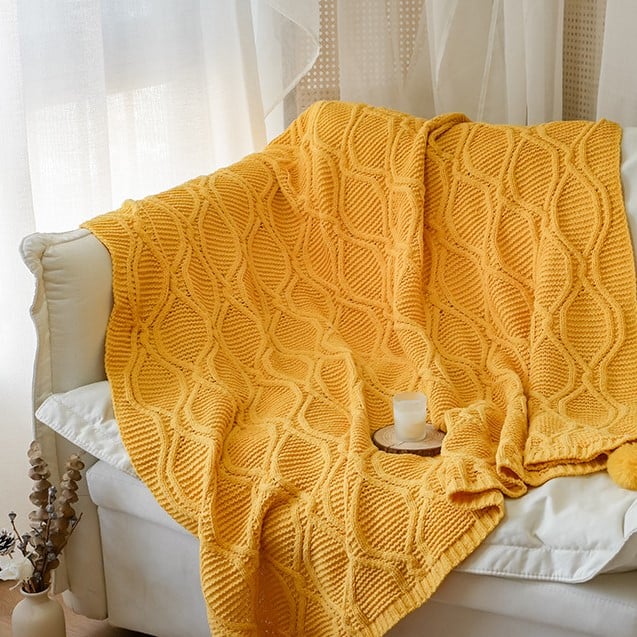 Knitted Throw Blanket with Pom-Pom Corners Yellow Knitted Blanket