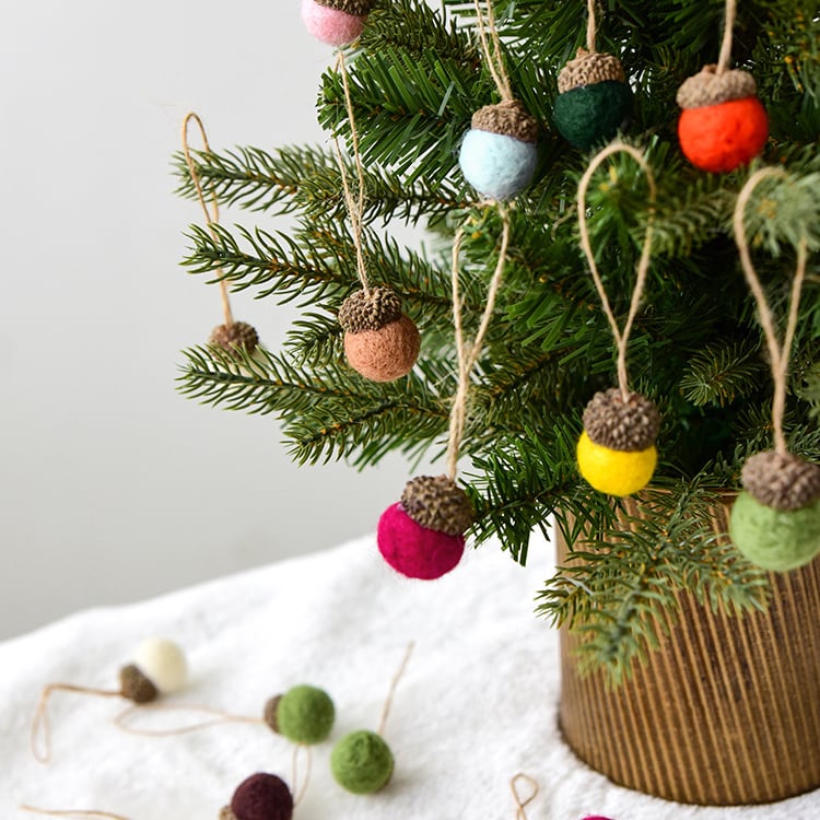 Mini Wool Felt Acorn Ornaments with Natural Jute String