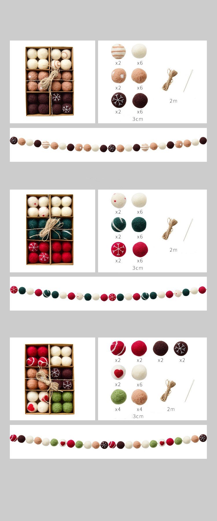 Wool Felt Christmas Balls Rustic Handmade Holiday Ornaments in 3 Unique Color Themes