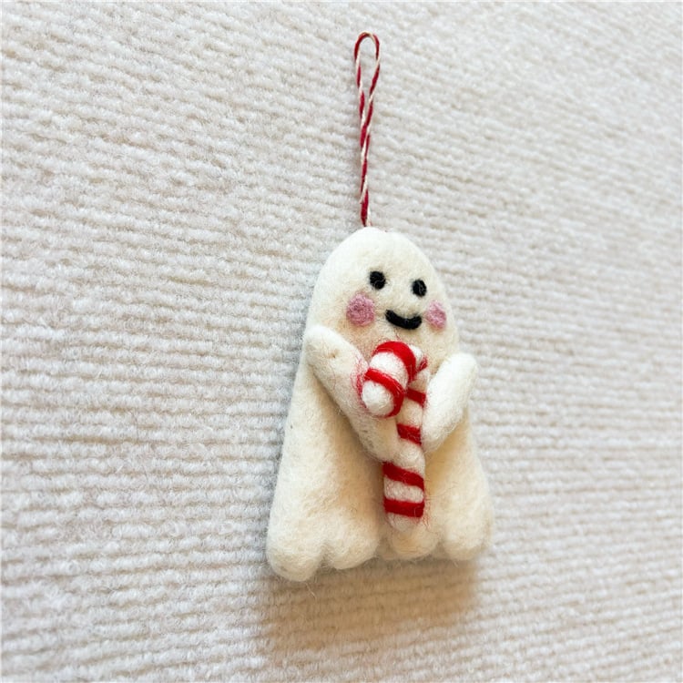 Handmade Wool Felt Christmas Candy Cane Ghost Ornament
