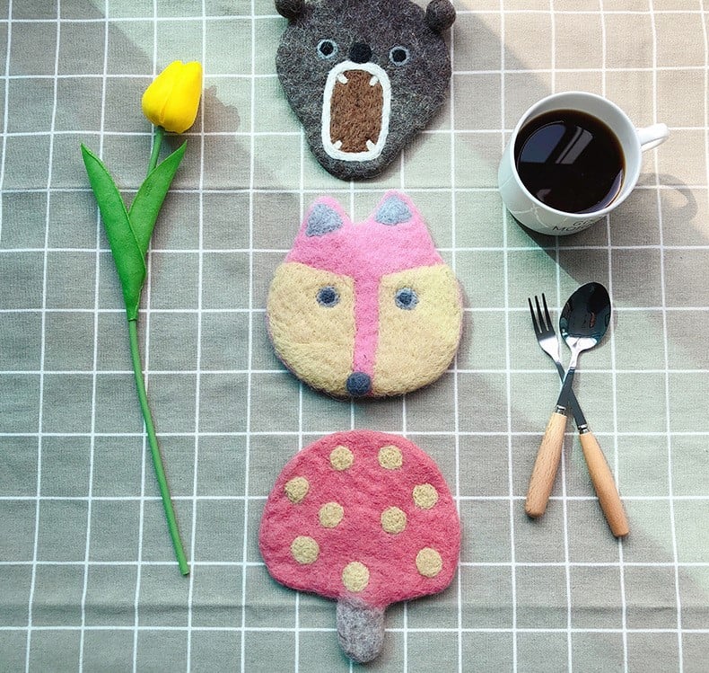 Handmade Wool Felt Coaster – 9 Cute Animal & Nature Designs – Fun, Soft & Heat-Resistant Table Decor for Cozy Homes
