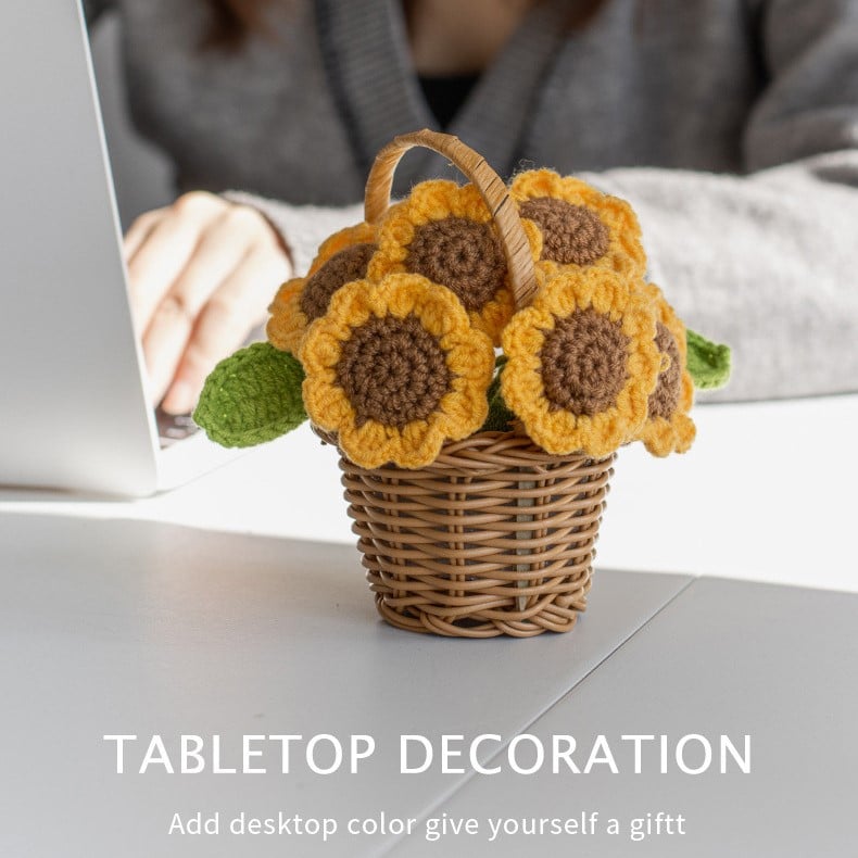 Handmade Crochet Sunflower Mini Flower Baskets – Yarn-Knitted Artificial Potted Plant Decor, Desktop Ornament Gift Set (4 Styles)