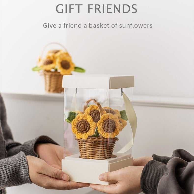 Handmade Crochet Sunflower Mini Flower Baskets – Yarn-Knitted Artificial Potted Plant Decor, Desktop Ornament Gift Set (4 Styles)