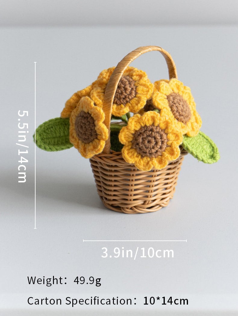 Handmade Crochet Sunflower Mini Flower Baskets – Yarn-Knitted Artificial Potted Plant Decor, Desktop Ornament Gift Set (4 Styles)