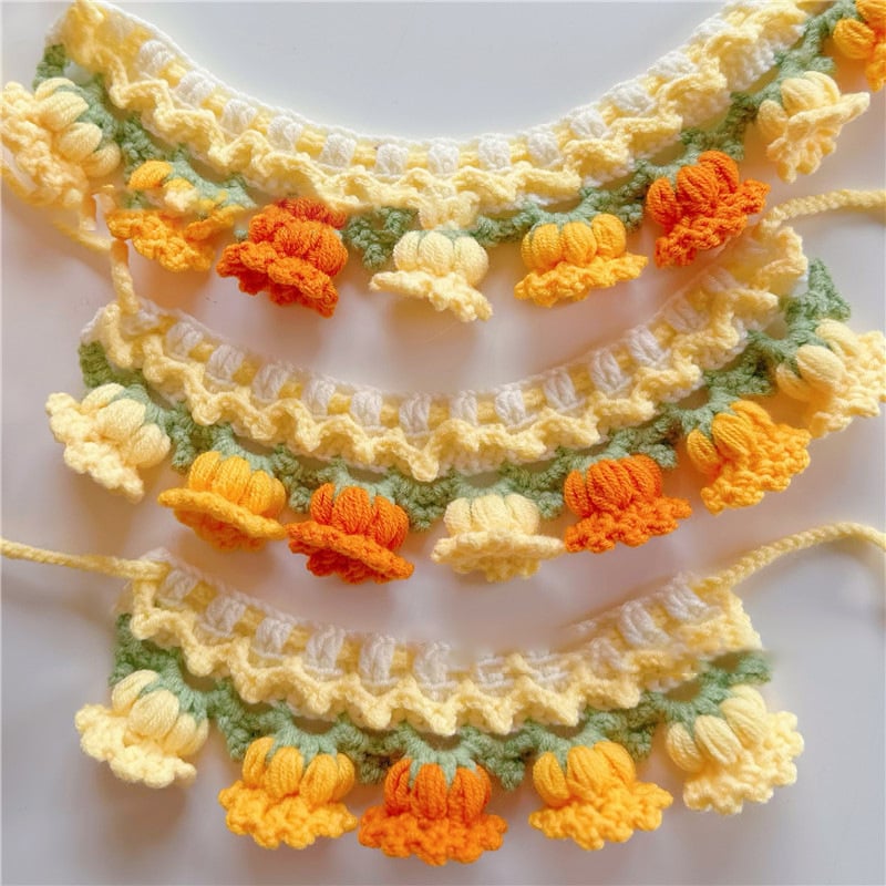 Hand-Knitted Bellflower Pet Collar and Bib — Sunny Orange & Yellow Gradient