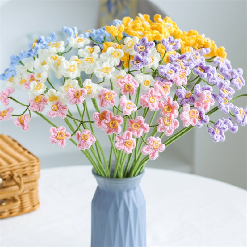 Handmade Crochet Flower Bouquet Set – 5 Knit Yarn Floral Arrangements in Yellow, White, Blue, Pink, and Purple