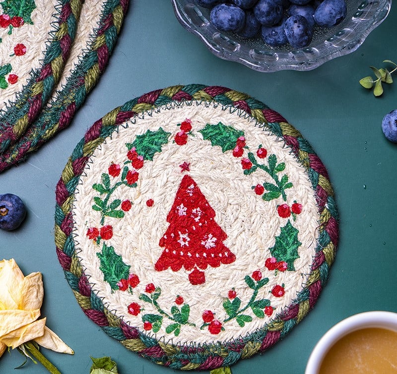 Handmade Christmas Jute Coasters —A bold red embroidered tree