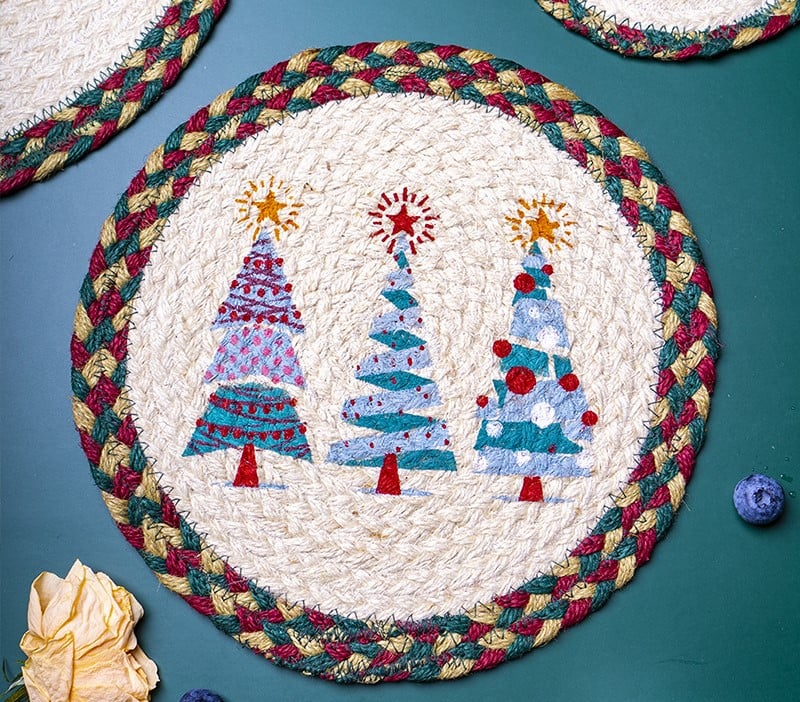 Handmade Christmas Jute Coasters — A trio of green Christmas trees