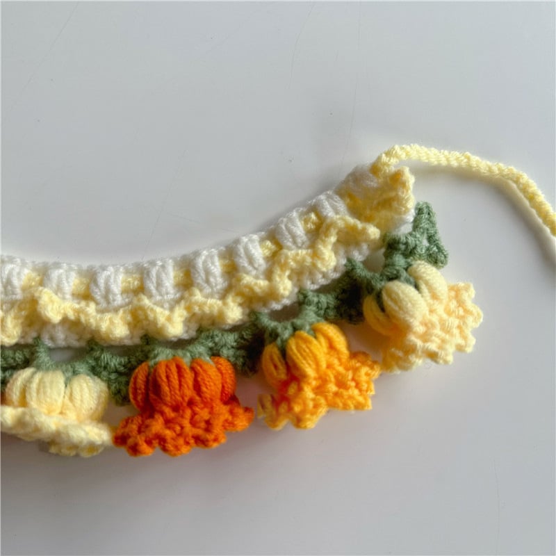 Hand-Knitted Bellflower Pet Collar and Bib — Sunny Orange & Yellow Gradient