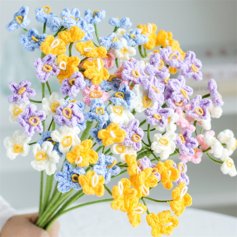 Handmade Crochet Flower Bouquet Set – 5 Knit Yarn Floral Arrangements in Yellow, White, Blue, Pink, and Purple