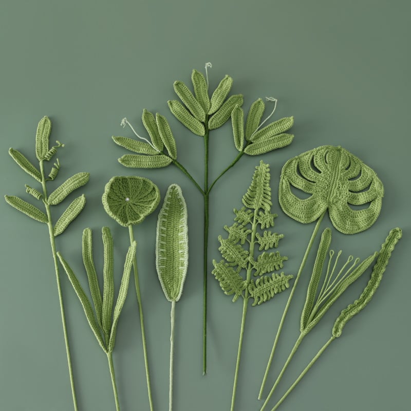 Handmade Crochet Leaf Set · 9 Styles of Botanical Greenery · Yarn Foliage for Bouquets & Floral Art · Eco & Elegant