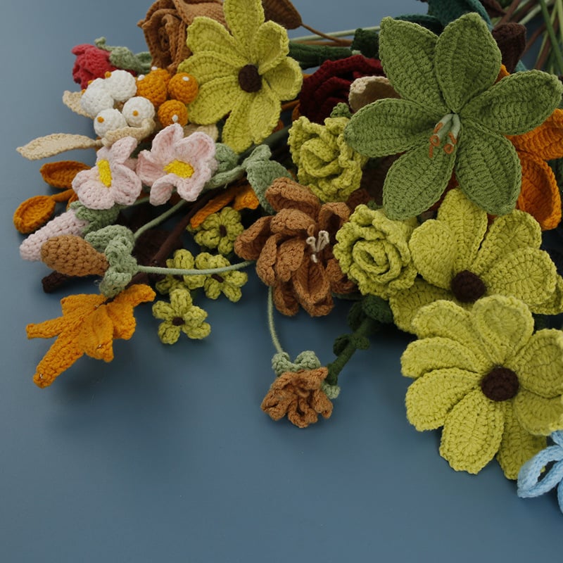 Handmade Crochet Flower Stems – 22 Unique Artificial Floral Elements, Yarn Knitted Botanical Decor, Custom Faux Flower Arrangement Set