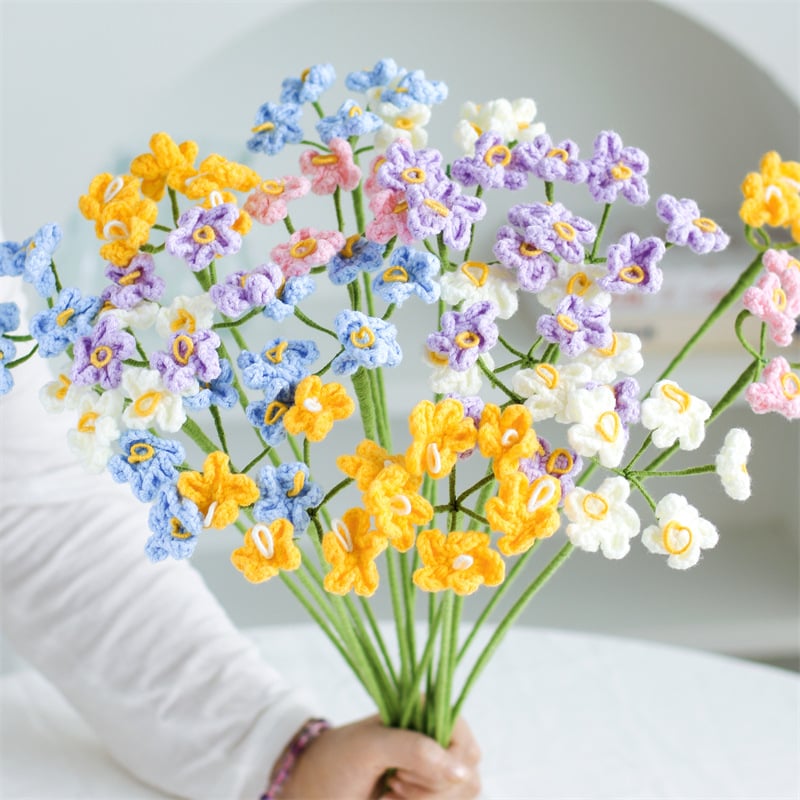 Handmade Crochet Flower Bouquet Set – 5 Knit Yarn Floral Arrangements in Yellow, White, Blue, Pink, and Purple