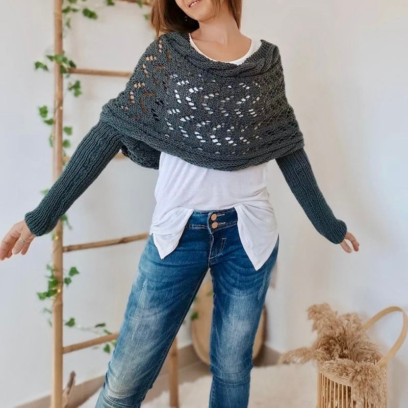 Knit Poncho Scarf with Hollow Out Sleeves
