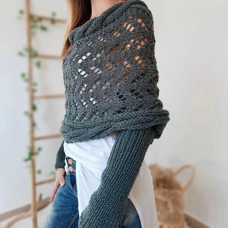 Knit Poncho Scarf with Hollow Out Sleeves