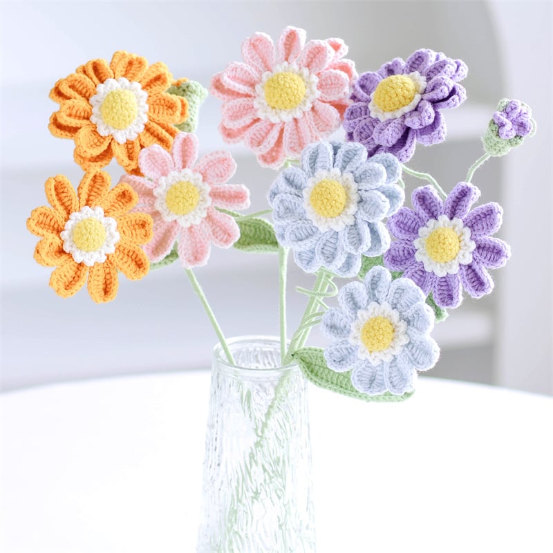 Handmade Crochet Zinnia Flower Bouquets – 6 Finished Yarn-Knitted Artificial Floral Arrangements, Unique Gift & Home Decor