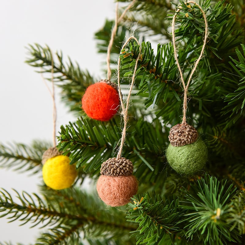 Mini Wool Felt Acorn Ornaments with Natural Jute String