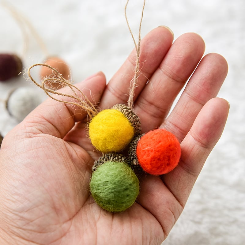 Mini Wool Felt Acorn Ornaments with Natural Jute String