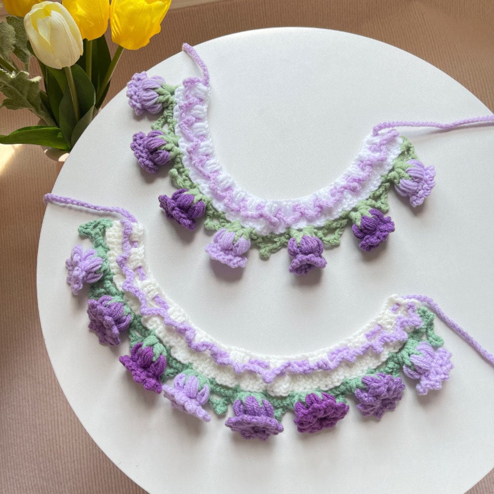Hand-Knitted Bellflower Pet Collar and Bib — Enchanting Purple Gradient: