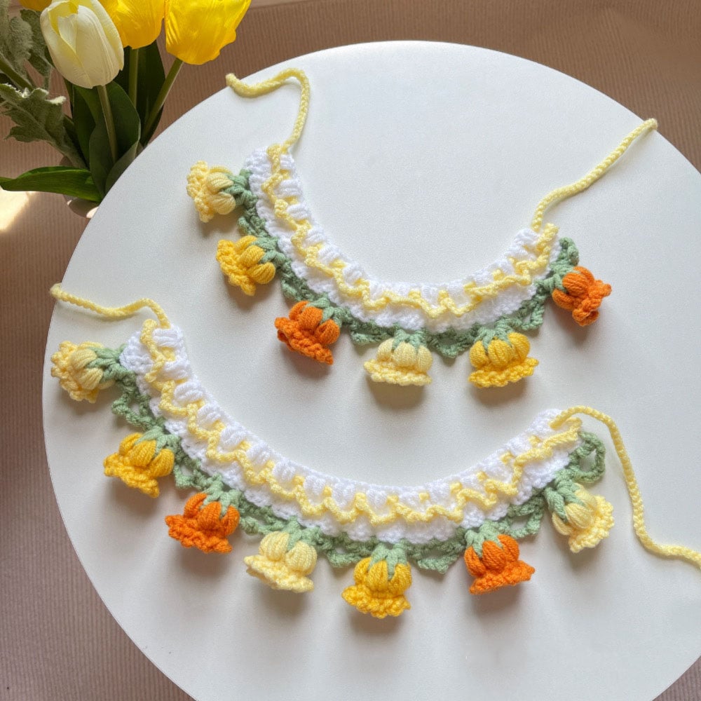 Hand-Knitted Bellflower Pet Collar and Bib — Sunny Orange & Yellow Gradient