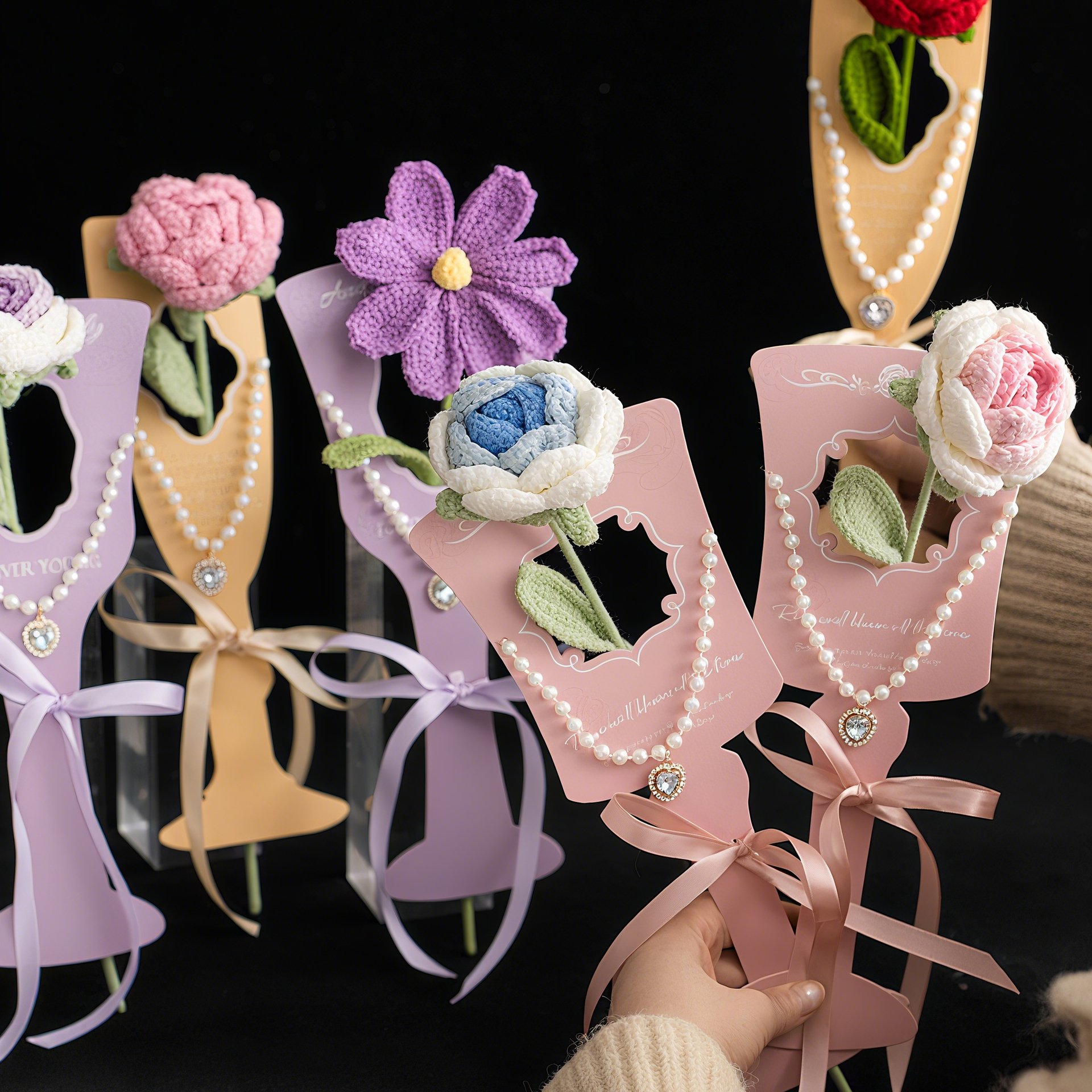 Handmade Crochet Cosmos Flower Bouquets – Yarn Knit Floral Gift with Pearl Bow, 6 Colors, Wine Glass Packaging