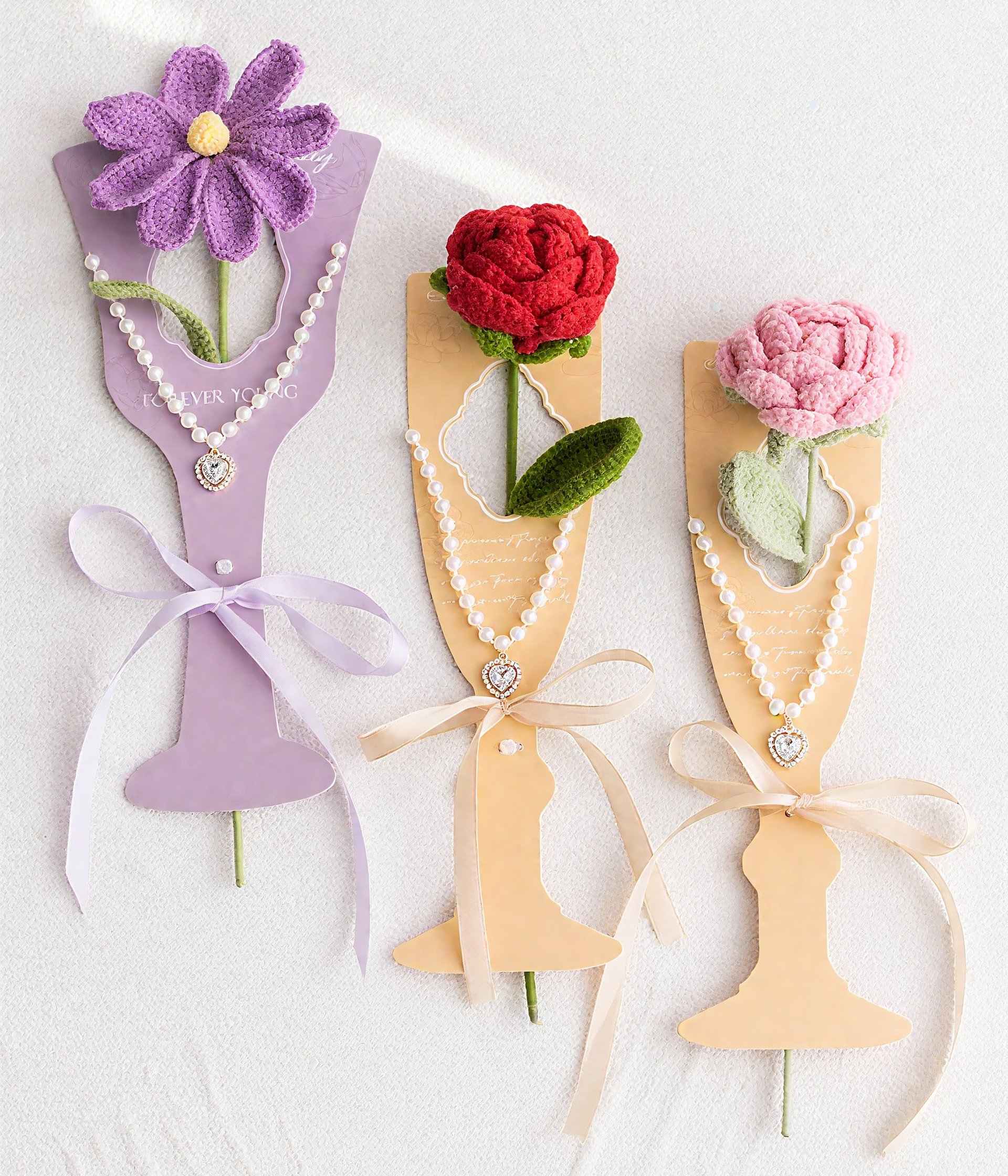 Handmade Crochet Cosmos Flower Bouquets – Yarn Knit Floral Gift with Pearl Bow, 6 Colors, Wine Glass Packaging