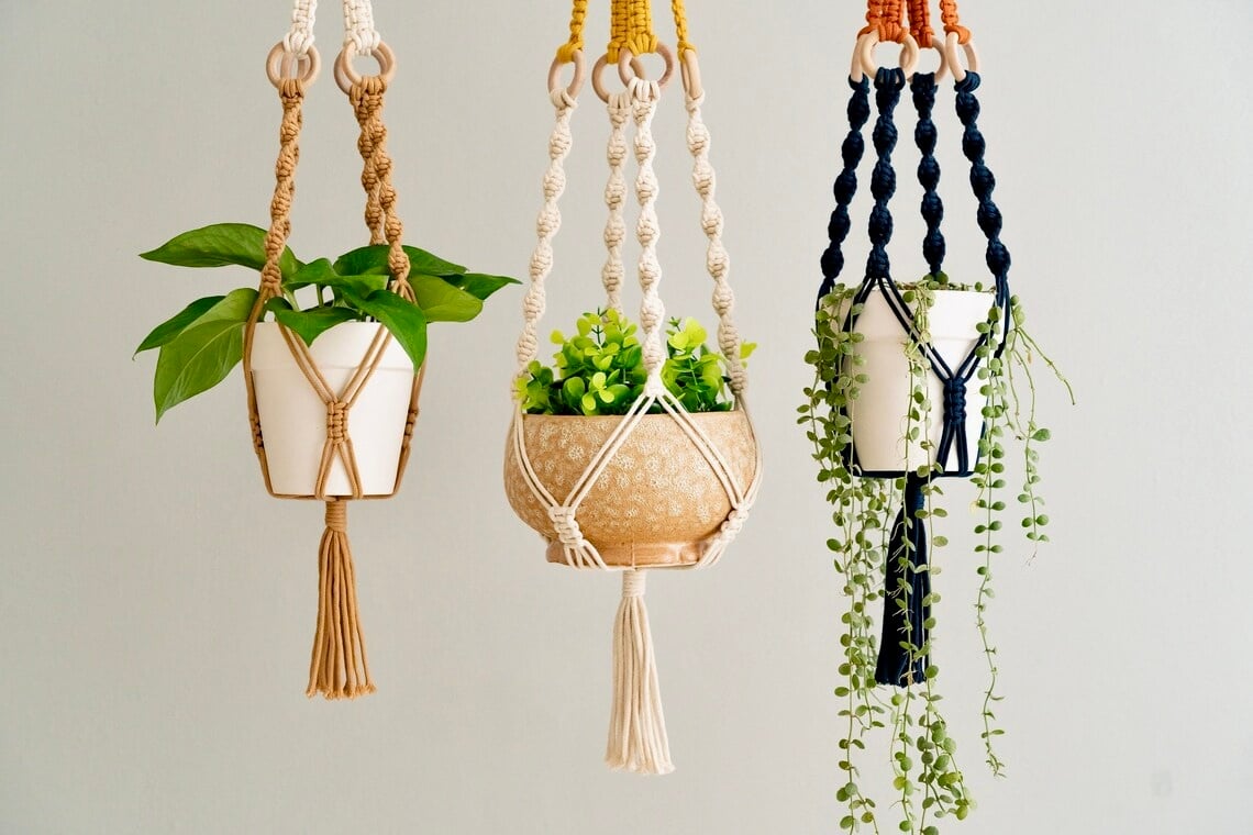Handmade woven plant hanger set – 3 stylish macrame designs with wooden rings & tassels, durable cotton rope, fits various pot sizes