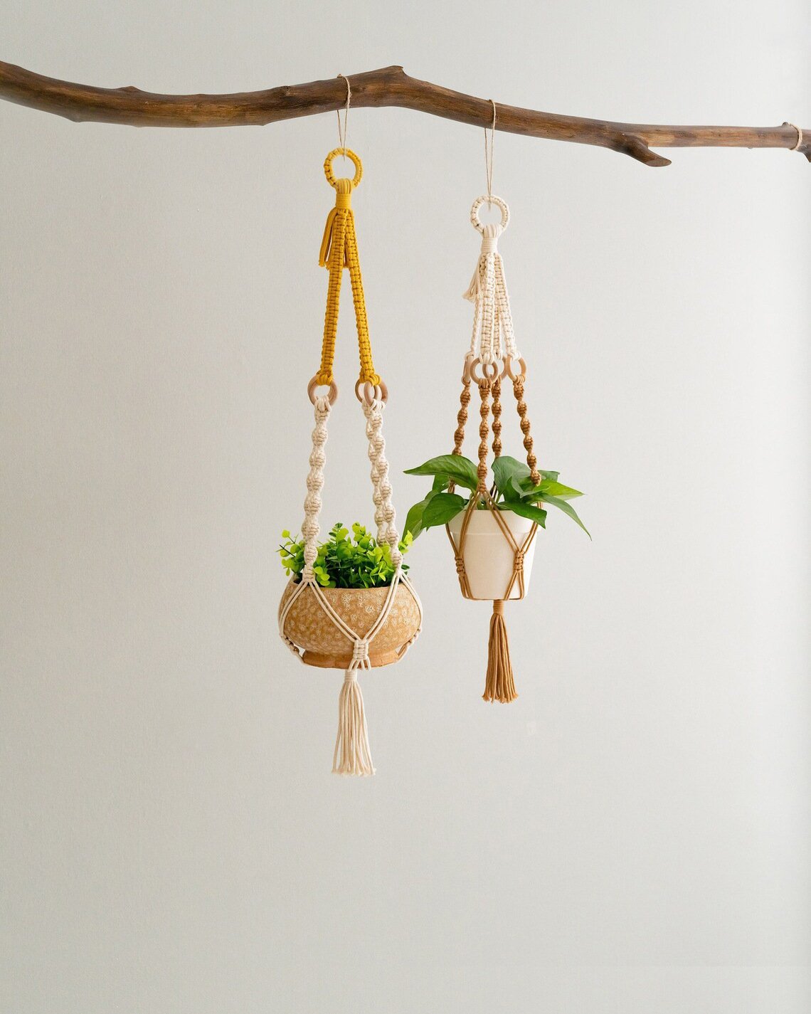 Handmade woven plant hanger set – 3 stylish macrame designs with wooden rings & tassels, durable cotton rope, fits various pot sizes