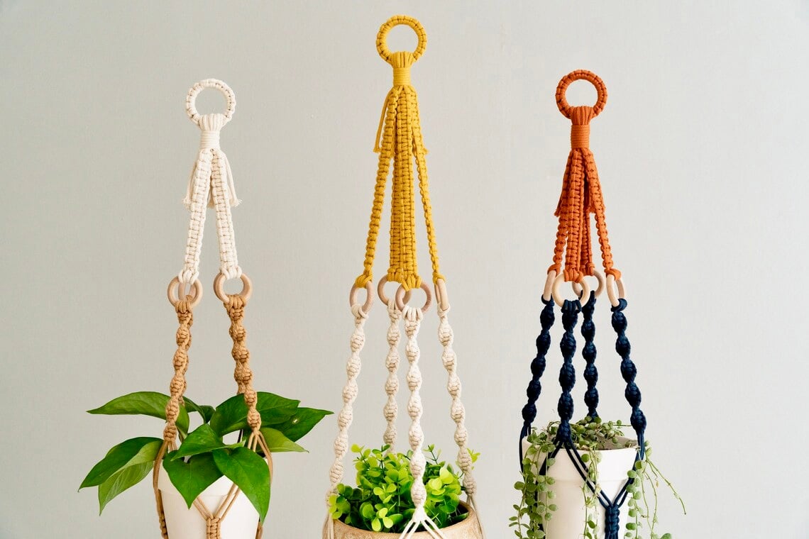 Handmade woven plant hanger set – 3 stylish macrame designs with wooden rings & tassels, durable cotton rope, fits various pot sizes