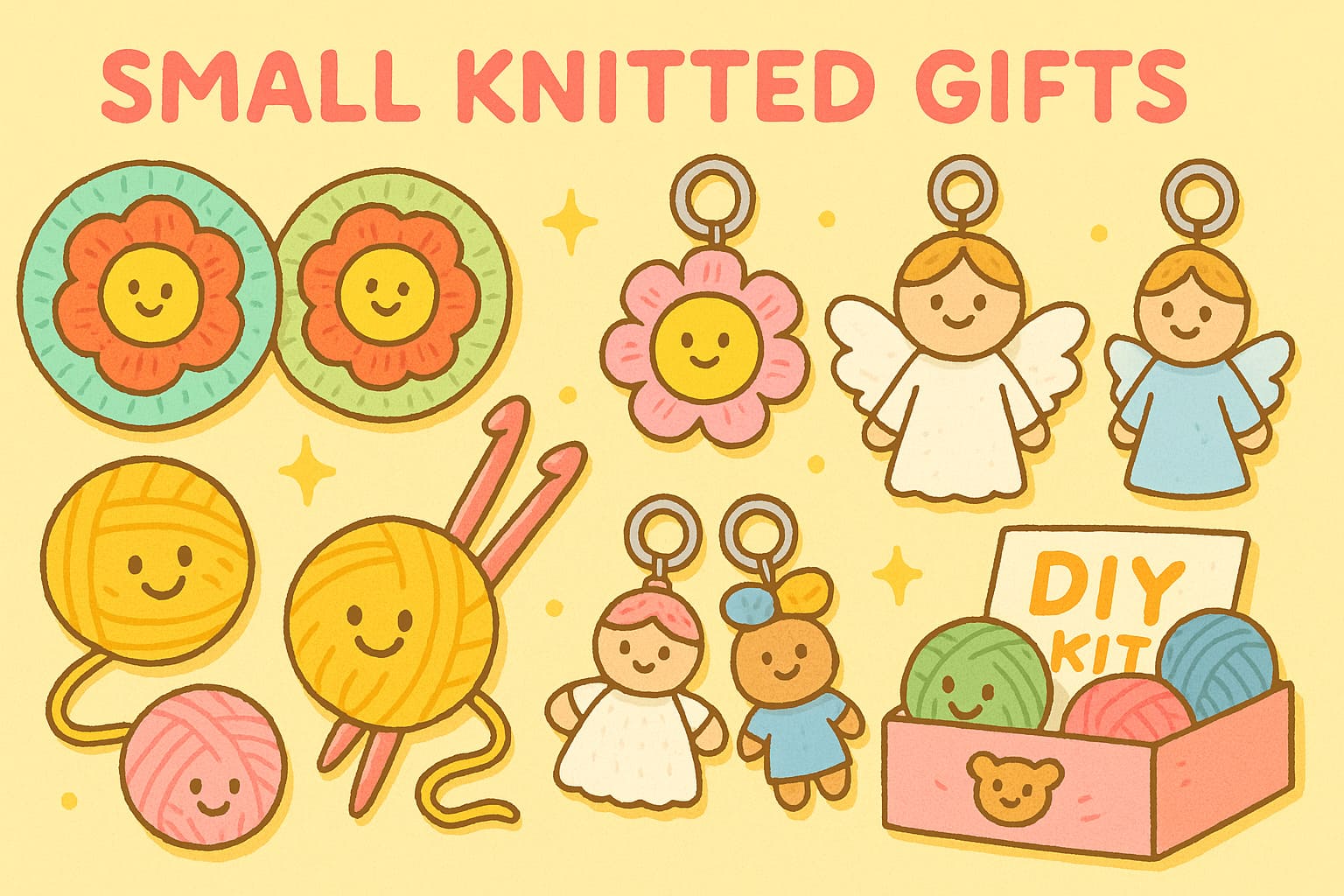 Small knitted gifts people actually use daily – handmade crochet coasters, keychains, ornaments, and flowers in a colorful cartoon illustration