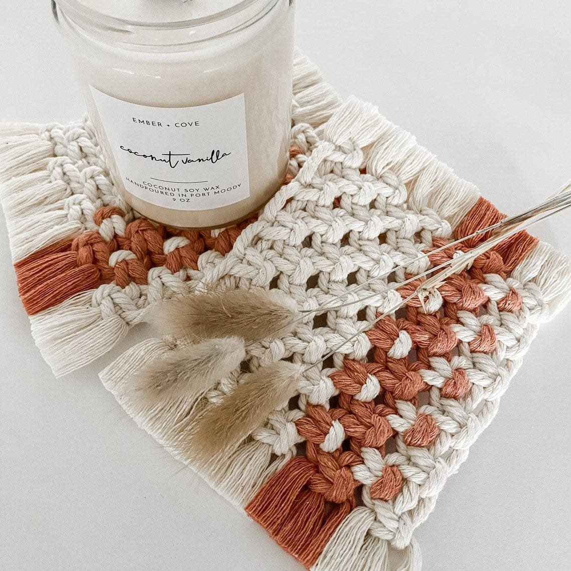 Handwoven Cotton Coasters with Fringe — White & Light Brown Combo