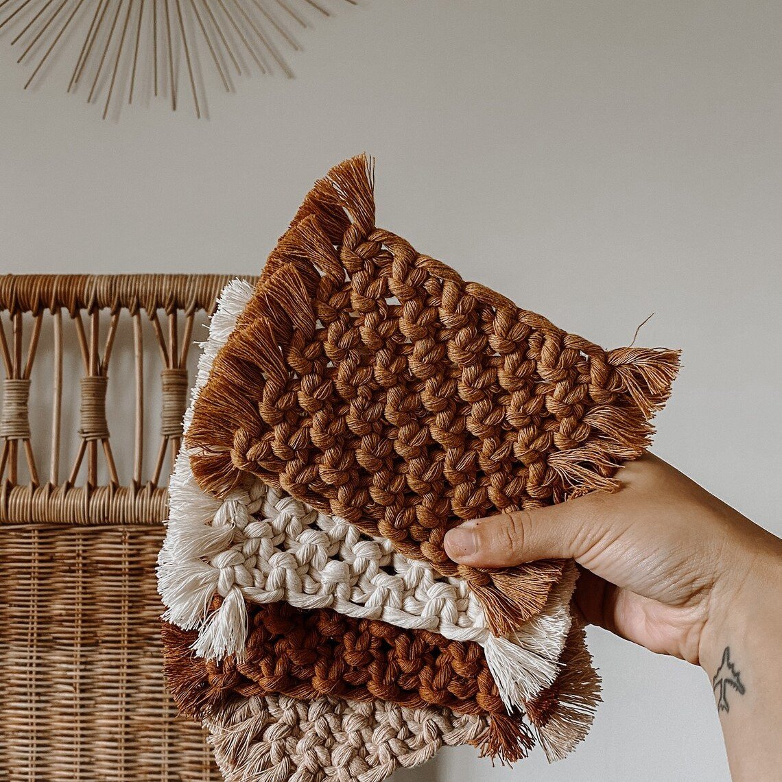 Handwoven Cotton Coasters with Fringe — White,Beige,Light Brown,Dark Brown