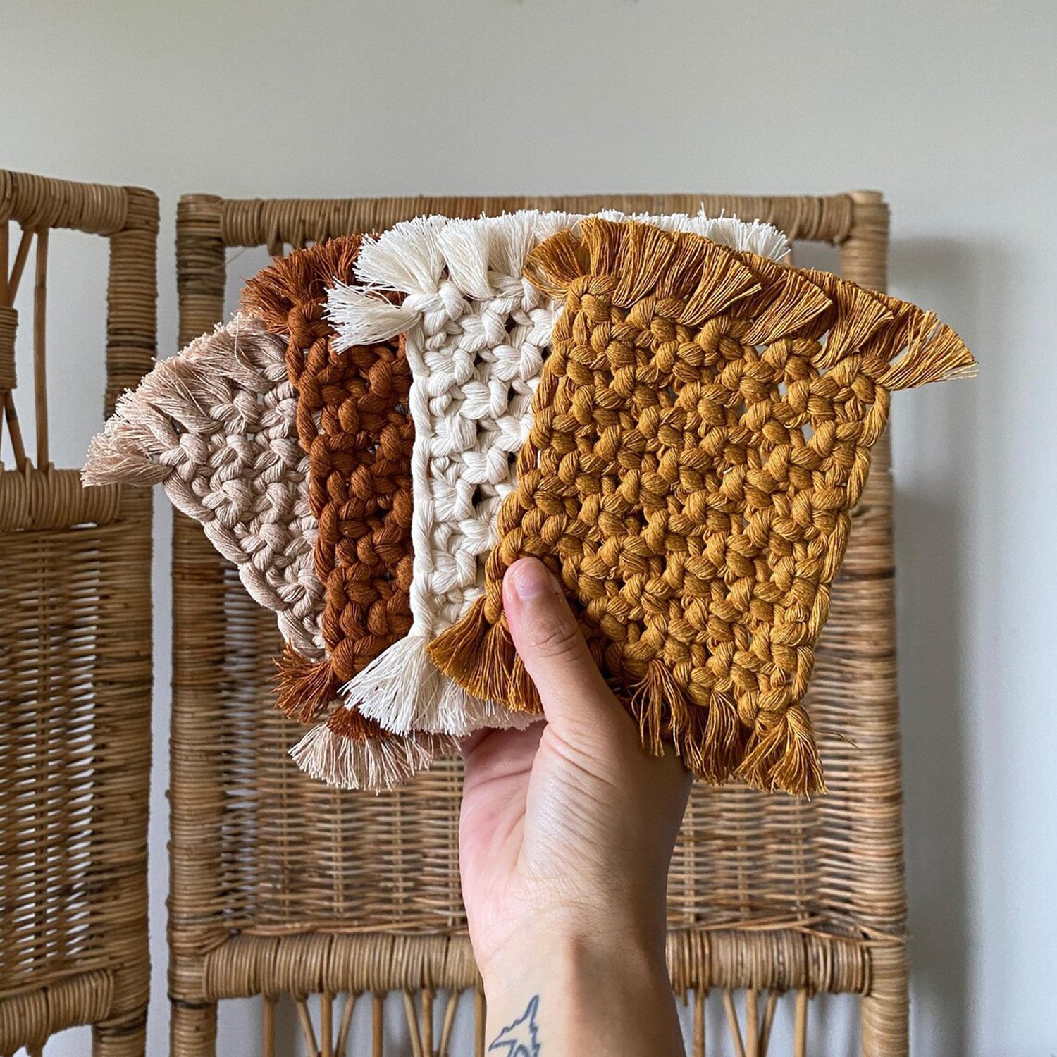 Handwoven Cotton Coasters with Fringe — White,Beige,Light Brown,Dark Brown