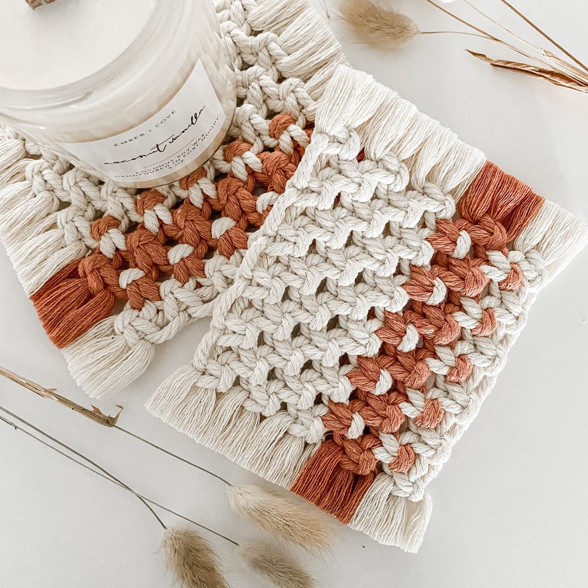 Handwoven Cotton Coasters with Fringe — White & Light Brown Combo