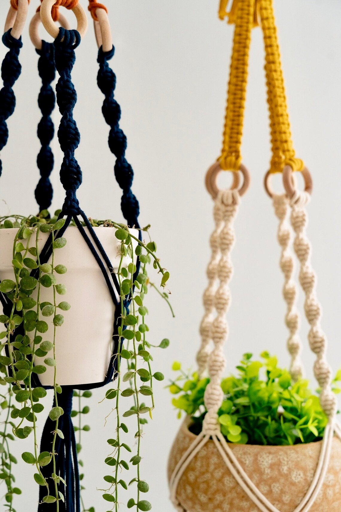 Handmade woven plant hanger set – 3 stylish macrame designs with wooden rings & tassels, durable cotton rope, fits various pot sizes