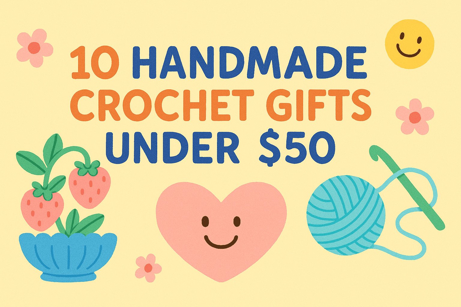 Cartoon hero illustration of handmade crochet gifts under $50, with flowers, pillows, and yarn in pastel colors.