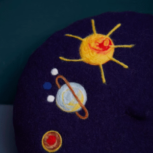 Whimsical Wool Felt Beret — embroidered planets and stars