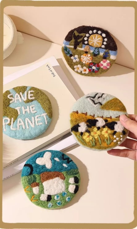 Handmade Wool Felt Coasters – Set of 5 Cute Cartoon Soft, Durable & Naturally Heat-Resistant