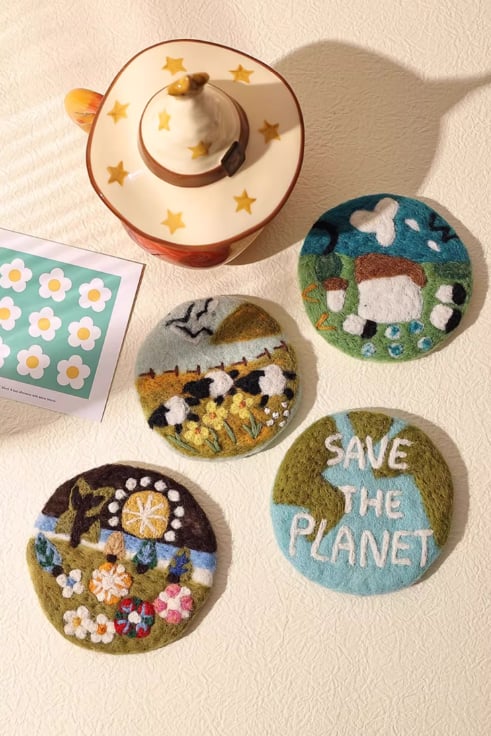 Handmade Wool Felt Coasters – Set of 5 Cute Cartoon Soft, Durable & Naturally Heat-Resistant