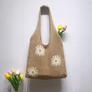 knitted tote bag:Explore this charming handmade mesh tote with daisy details—lightweight, breathable, and perfect for summer styling. Two natural colorways available.