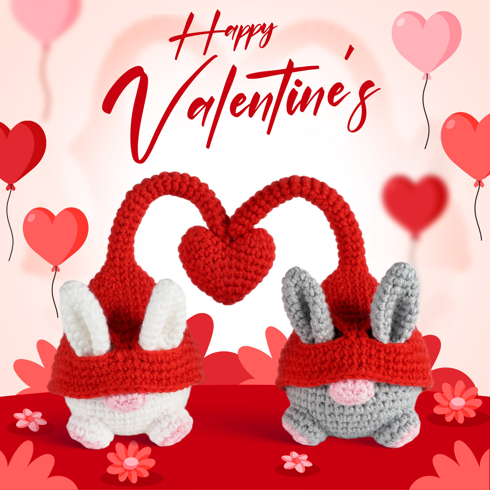DIY Crochet Bunny Gnome Couple Kit – Valentine Gnomes with Heart-Shaped Hat Design and Removable Parts – Handmade Amigurumi Plush Toy Set