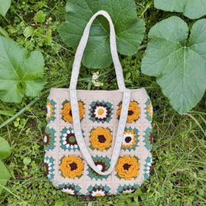 Handmade crochet sunflower bag with Dual Handles a...